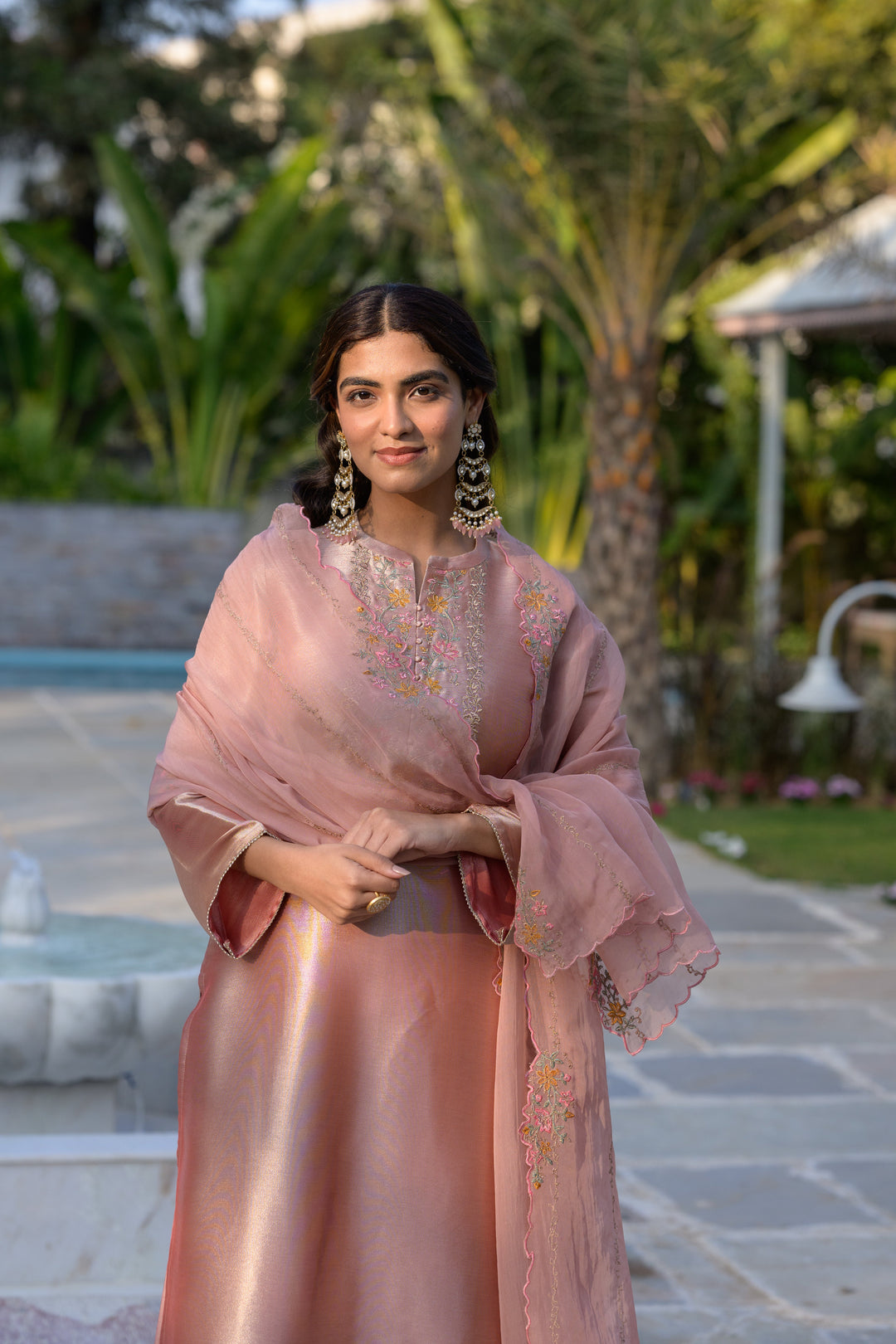 Golden Rose Pastel Pink Thread Embroidery with cut work and scallop embroidered border Suit Set | SHOBITAM