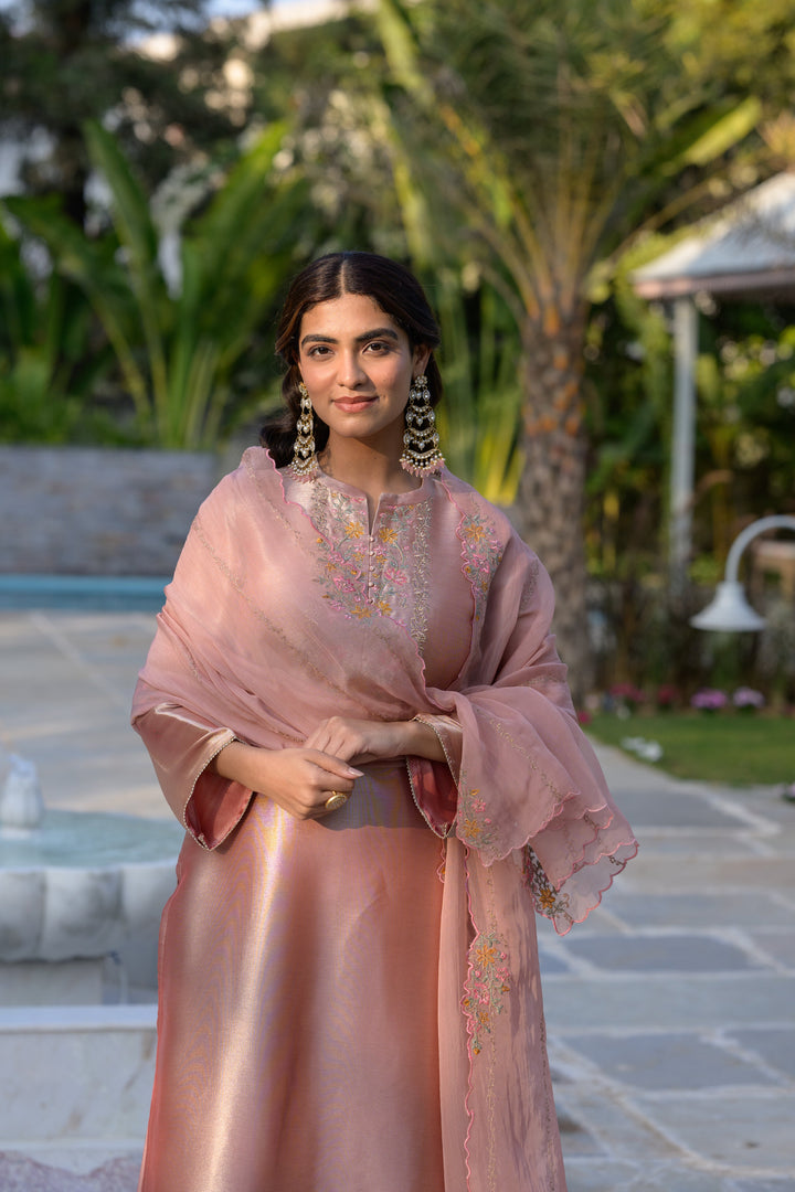 Golden Rose Pastel Pink Thread Embroidery with cut work and scallop embroidered border Suit Set | SHOBITAM