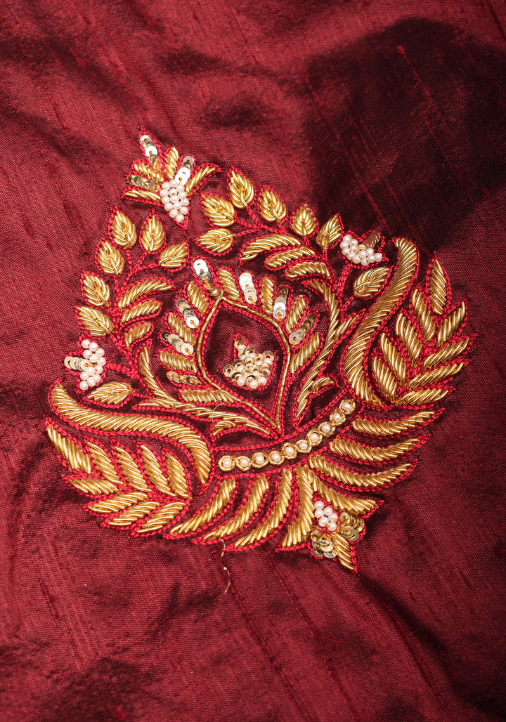 Maroon Pure Raw Silk Blouse with Hand Zardosi detailing and Puff Sleeves, Made to Order