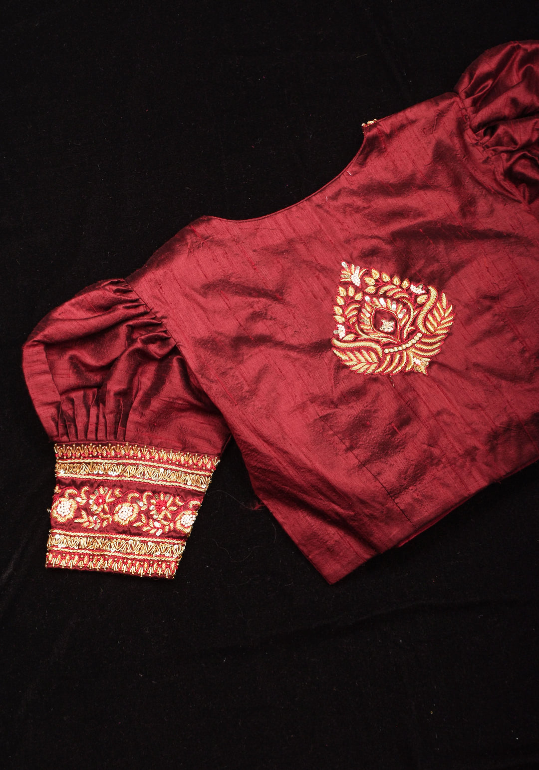 Maroon Pure Raw Silk Blouse with Hand Zardosi detailing and Puff Sleeves, Made to Order