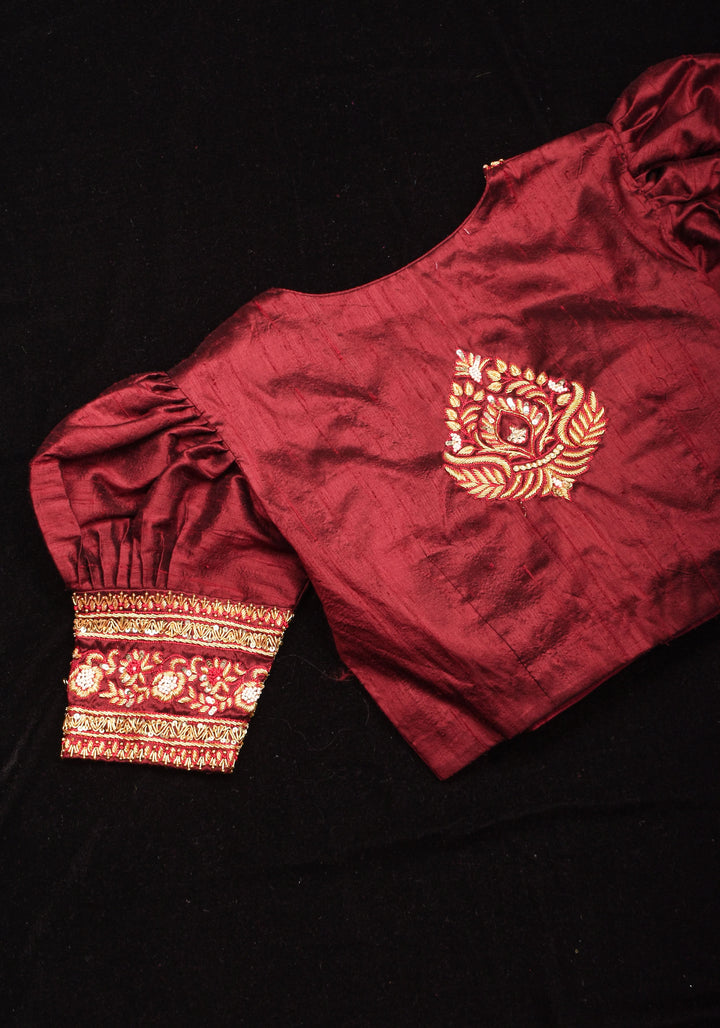 Maroon Pure Raw Silk Blouse with Hand Zardosi detailing and Puff Sleeves, Made to Order