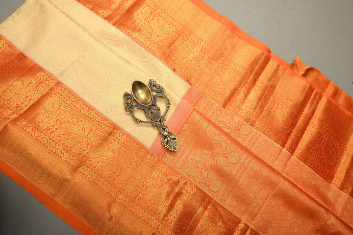 Beige Kanjivaram Tissue Silk Saree with Moroccan Trellis Design Brocade and Contrast Zari Border | SILK MARK CERTIFIED | SHOBITAM