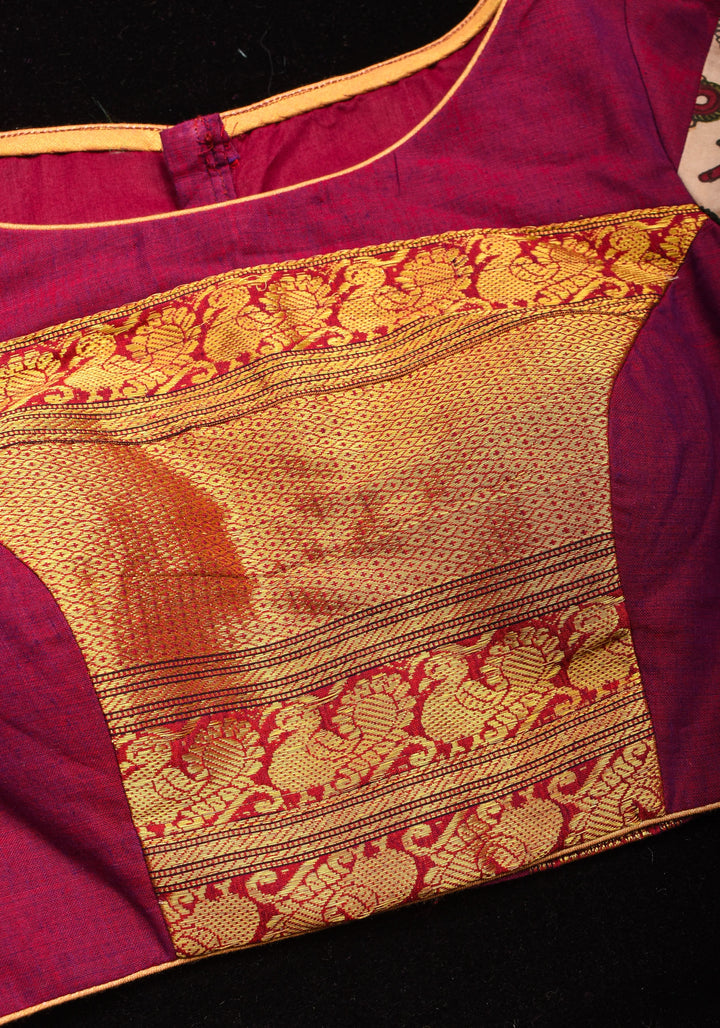 Pen Kalamkari and Plum Narayanpet Cotton Blouse with Zari detailing, Made to Order