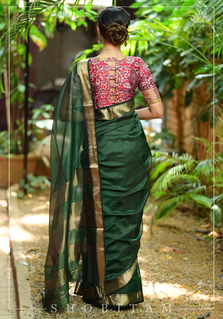 Bottle Green Handwoven Maheshwari Silk Cotton Zari Pinstripes Saree.
