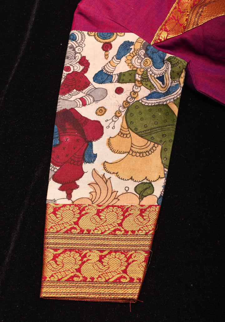 Pen Kalamkari and Plum Narayanpet Cotton Blouse with Zari detailing, Made to Order