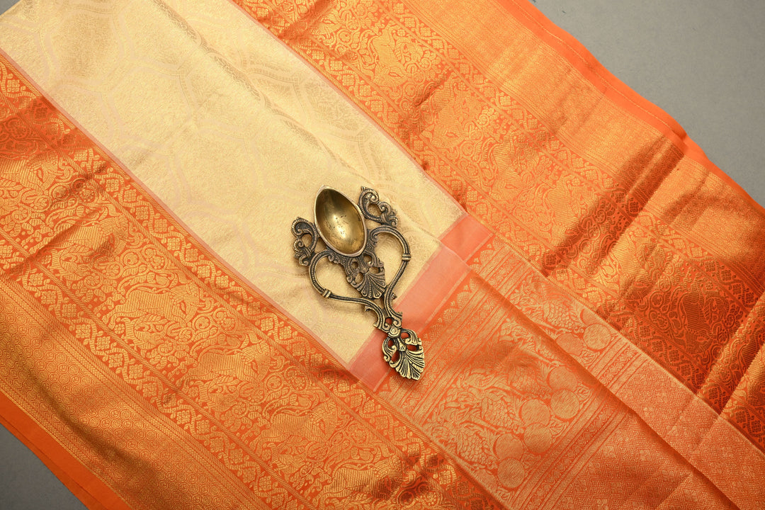 Beige Kanjivaram Tissue Silk Saree with Moroccan Trellis Design Brocade and Contrast Zari Border | SILK MARK CERTIFIED | SHOBITAM