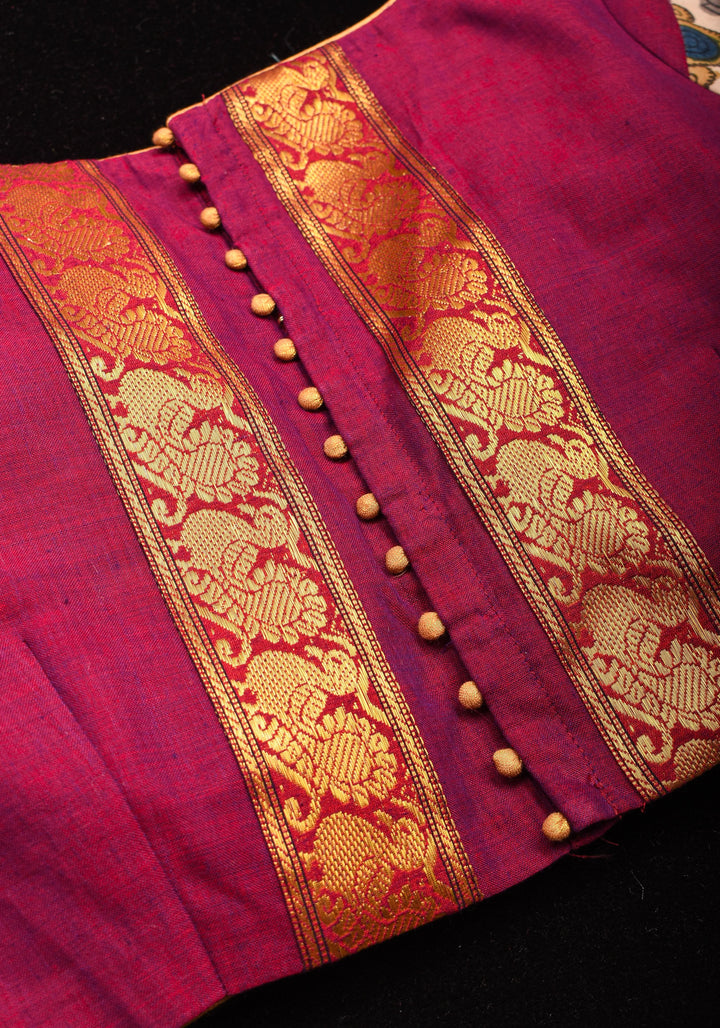 Pen Kalamkari and Plum Narayanpet Cotton Blouse with Zari detailing, Made to Order