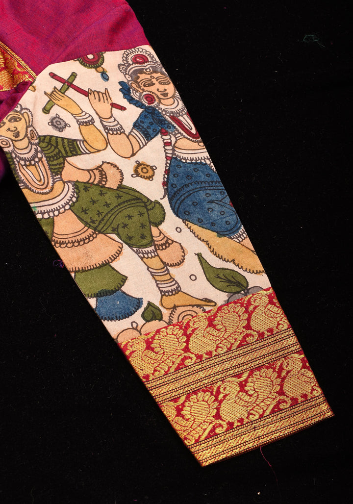 Pen Kalamkari and Plum Narayanpet Cotton Blouse with Zari detailing, Made to Order
