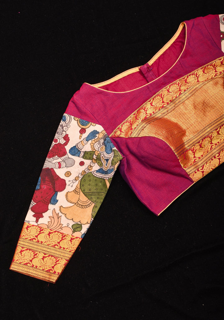Pen Kalamkari and Plum Narayanpet Cotton Blouse with Zari detailing, Made to Order