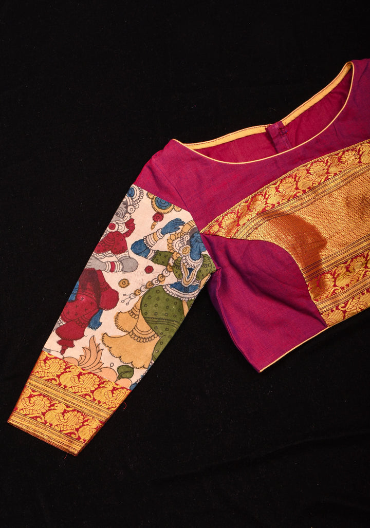 Pen Kalamkari and Plum Narayanpet Cotton Blouse with Zari detailing, Made to Order