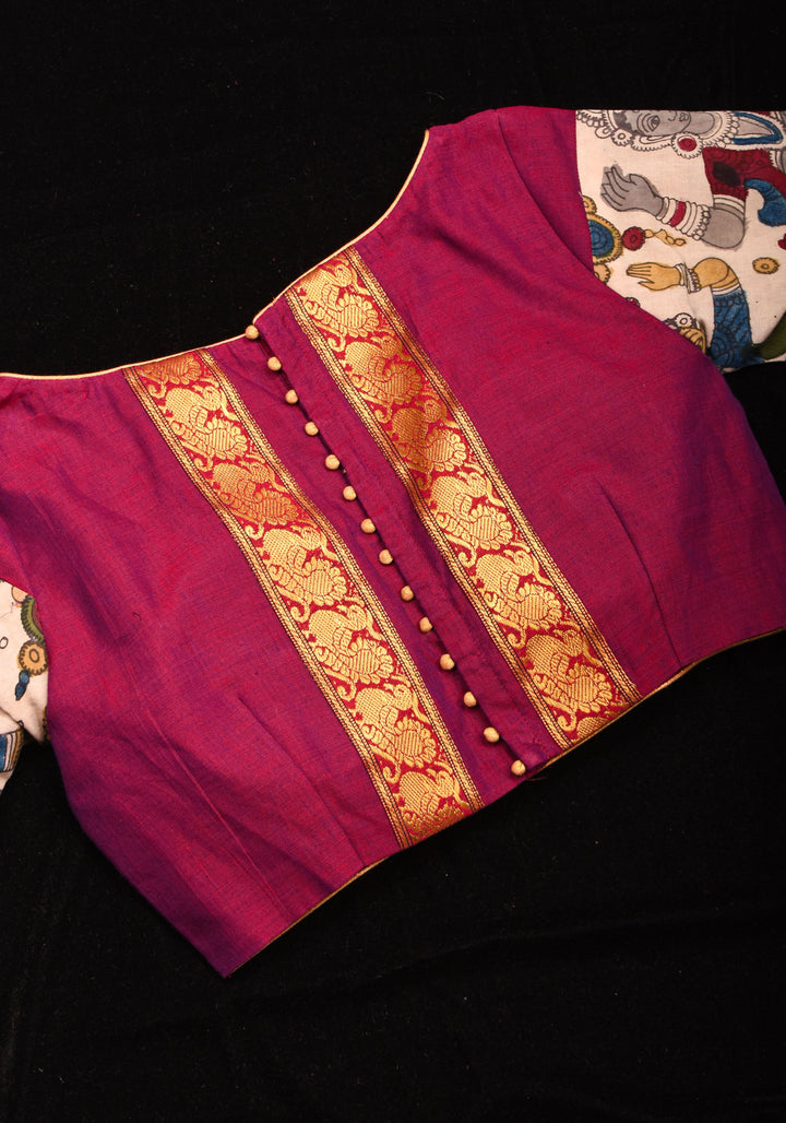 Pen Kalamkari and Plum Narayanpet Cotton Blouse with Zari detailing, Made to Order