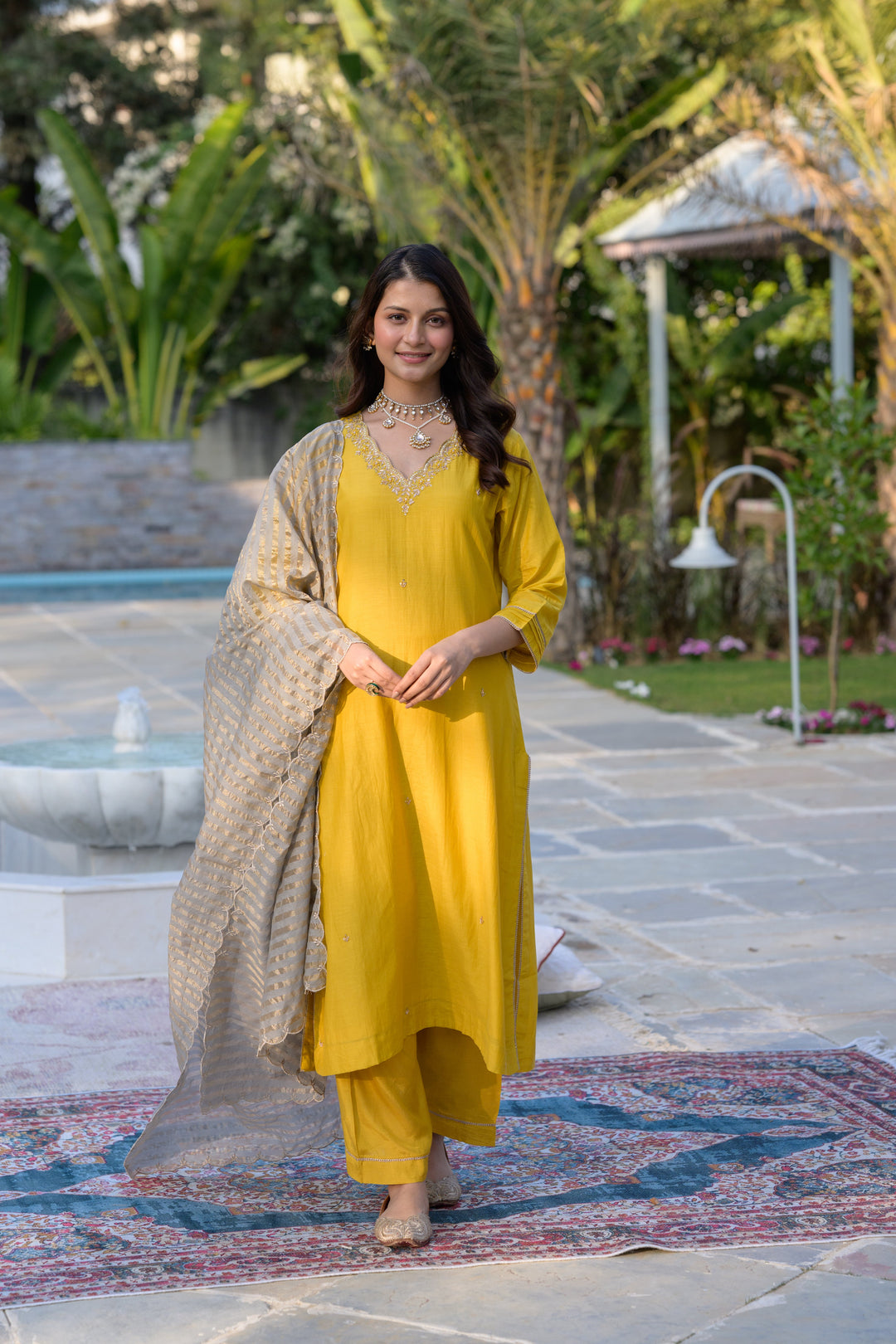 Mustard Mul Chanderi Kurta with dabka work and lurex Zari Dupatta-SET OF-3 | SHOBITAM