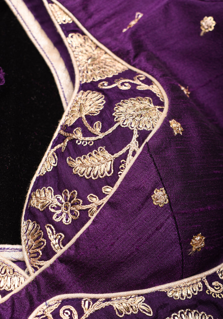 Jamuni Purple Butta and Jaal Leafneck two fabric blouse, Made to Order