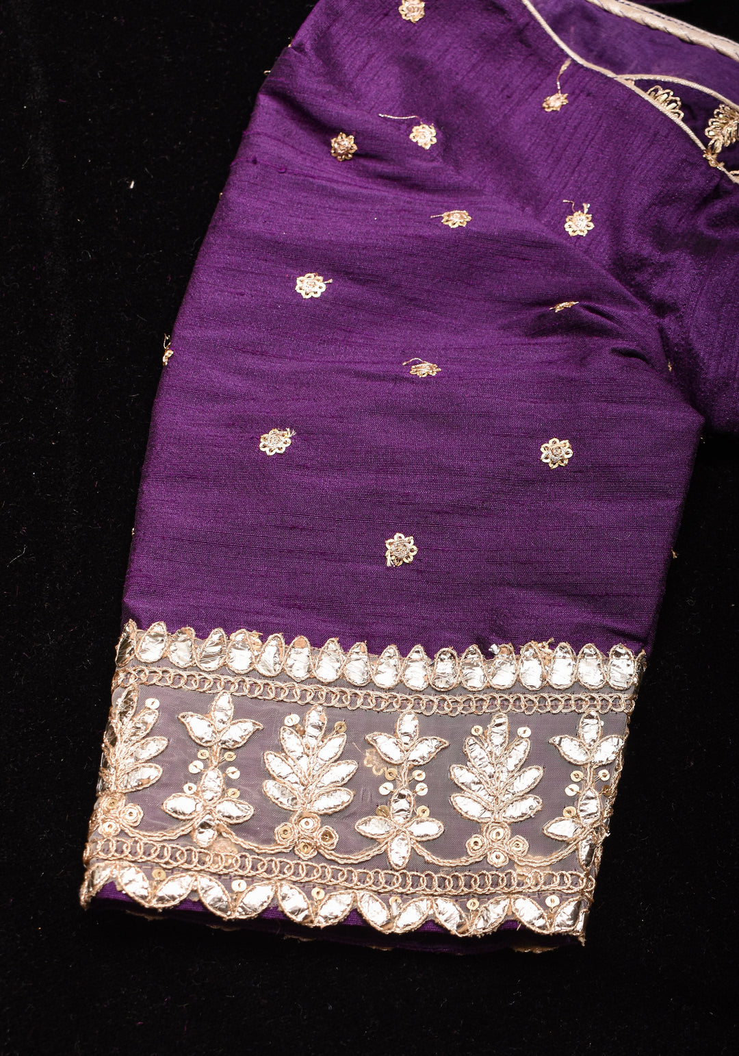 Jamuni Purple Butta and Jaal Leafneck two fabric blouse, Made to Order