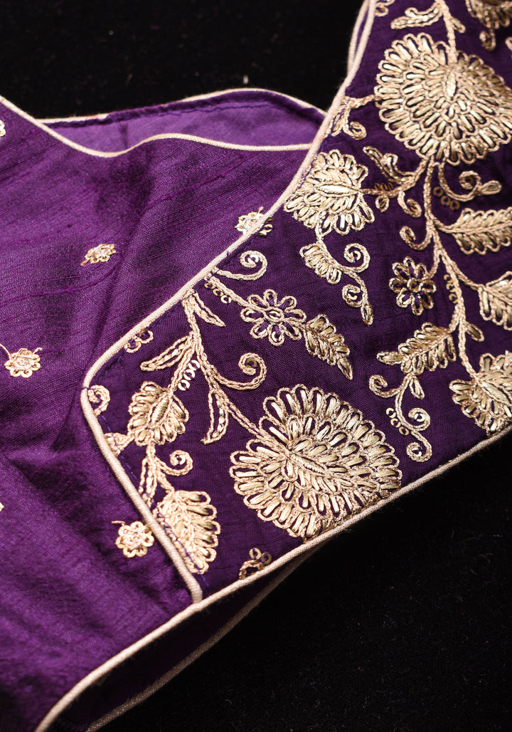 Jamuni Purple Butta and Jaal Leafneck two fabric blouse, Made to Order