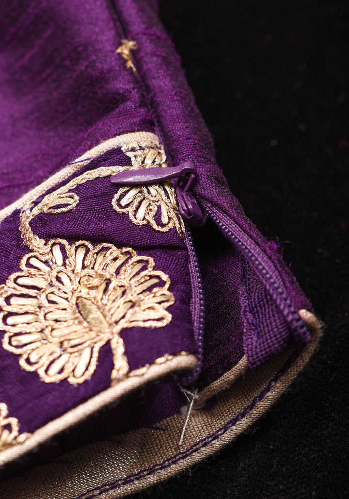 Jamuni Purple Butta and Jaal Leafneck two fabric blouse, Made to Order