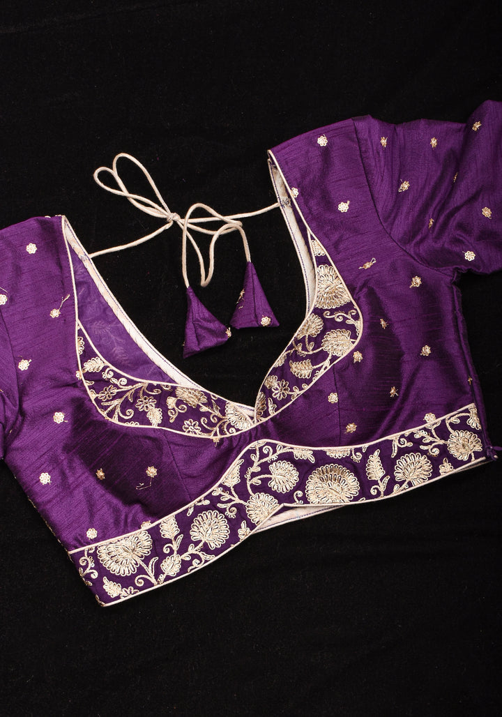 Jamuni Purple Butta and Jaal Leafneck two fabric blouse, Made to Order