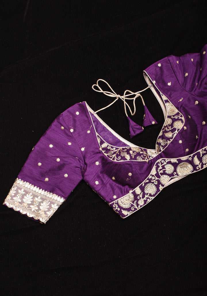 Jamuni Purple Butta and Jaal Leafneck two fabric blouse, Made to Order