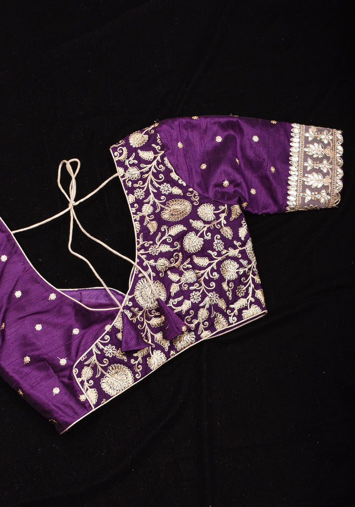 Jamuni Purple Butta and Jaal Leafneck two fabric blouse, Made to Order