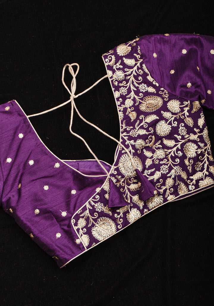 Jamuni Purple Butta and Jaal Leafneck two fabric blouse, Made to Order