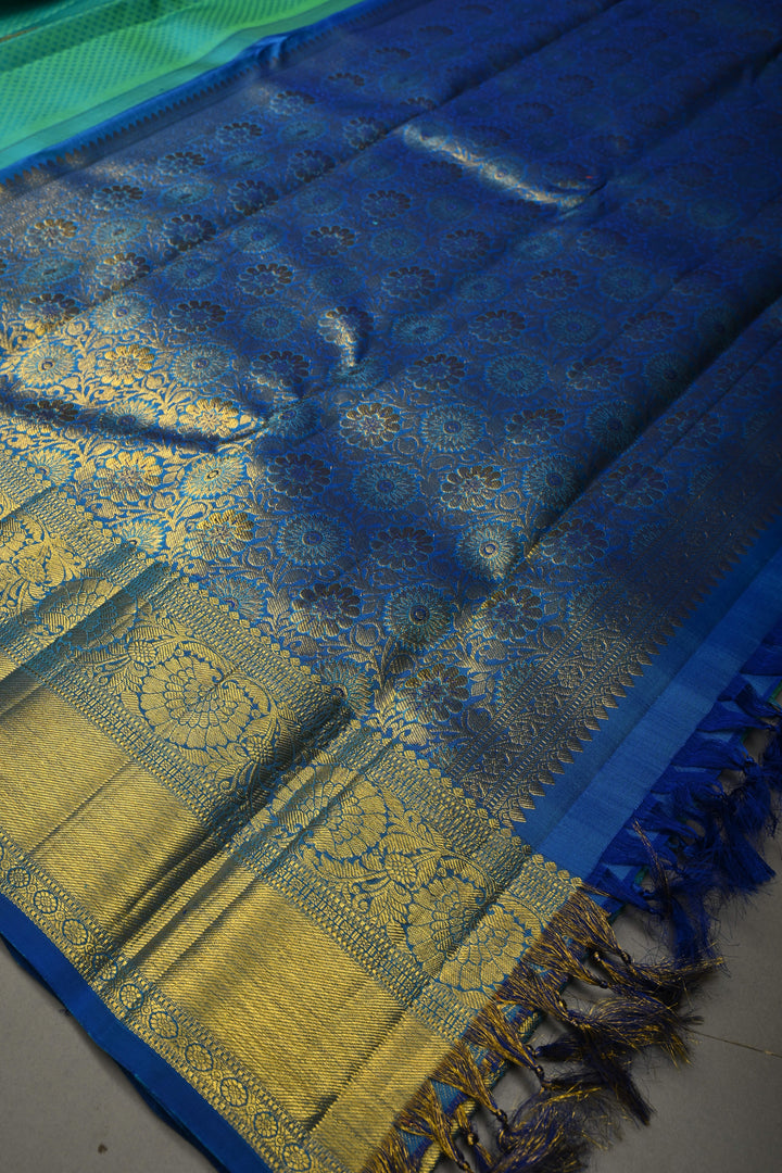 Teal Green Self Brocade on Pure Kanjivaram Silk Handloom Saree with Leaf Motifs and Zari Border | SILK MARK CERTIFIED | SHOBITAM