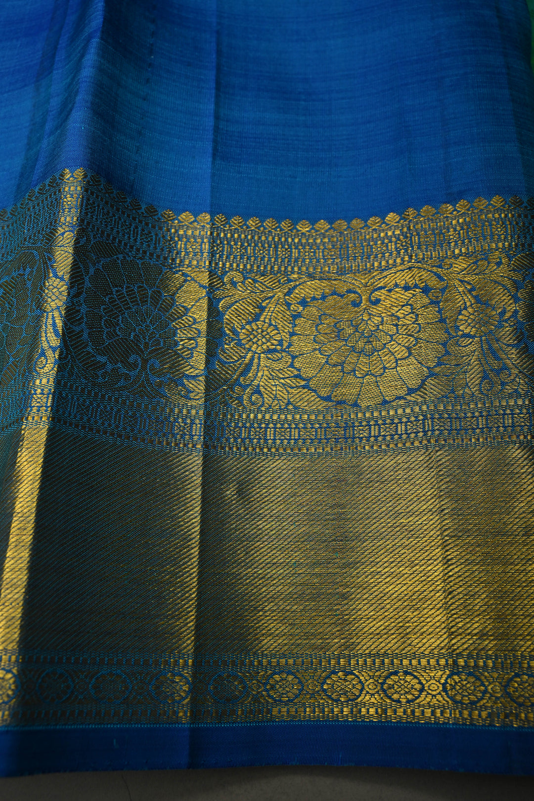 Teal Green Self Brocade on Pure Kanjivaram Silk Handloom Saree with Leaf Motifs and Zari Border | SILK MARK CERTIFIED | SHOBITAM
