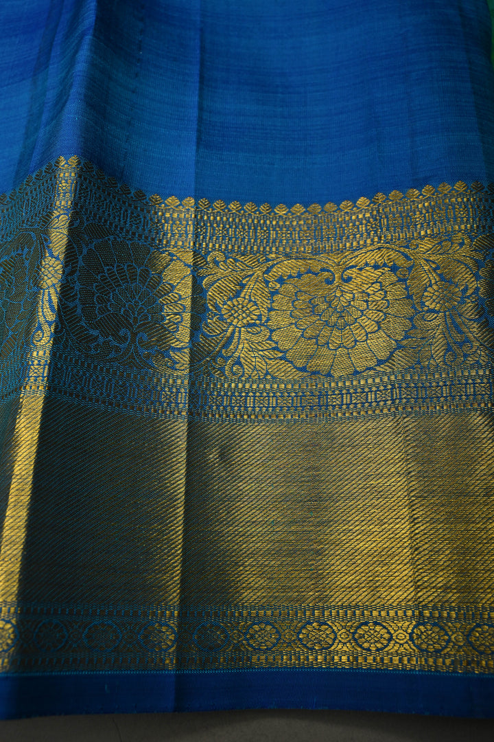 Teal Green Self Brocade on Pure Kanjivaram Silk Handloom Saree with Leaf Motifs and Zari Border | SILK MARK CERTIFIED | SHOBITAM