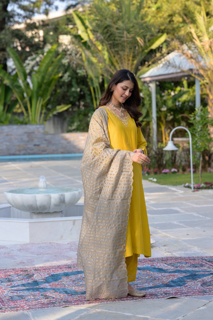 Mustard Mul Chanderi Kurta with dabka work and lurex Zari Dupatta-SET OF-3 | SHOBITAM