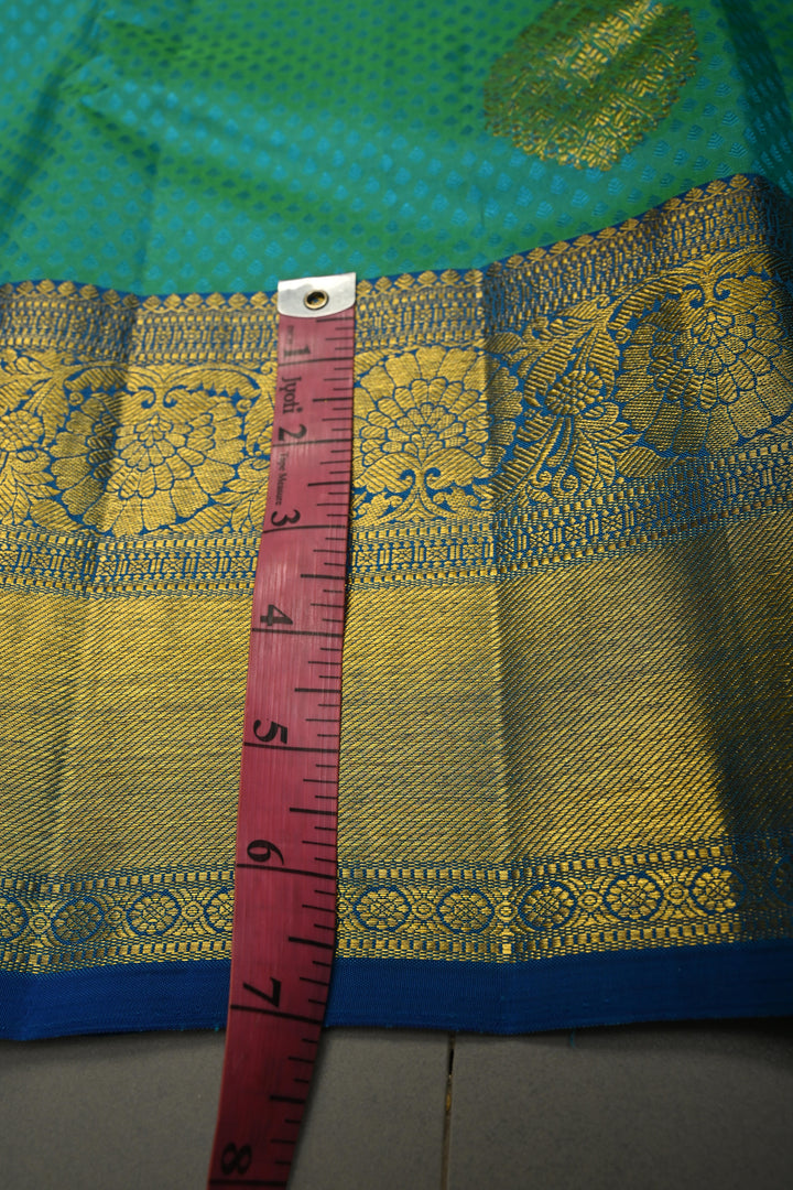 Teal Green Self Brocade on Pure Kanjivaram Silk Handloom Saree with Leaf Motifs and Zari Border | SILK MARK CERTIFIED | SHOBITAM