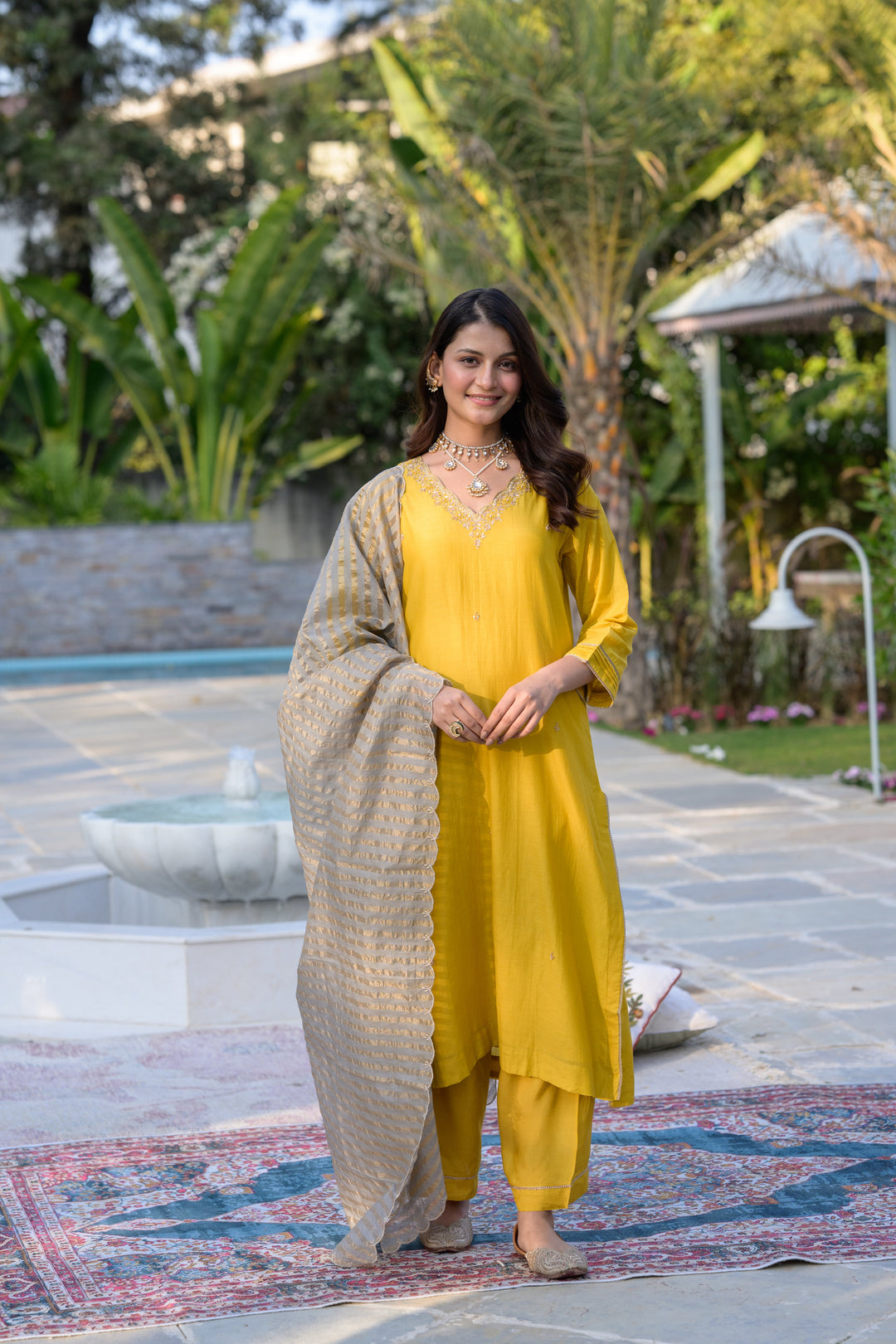 Mustard Mul Chanderi Kurta with dabka work and lurex Zari Dupatta-SET OF-3 | SHOBITAM