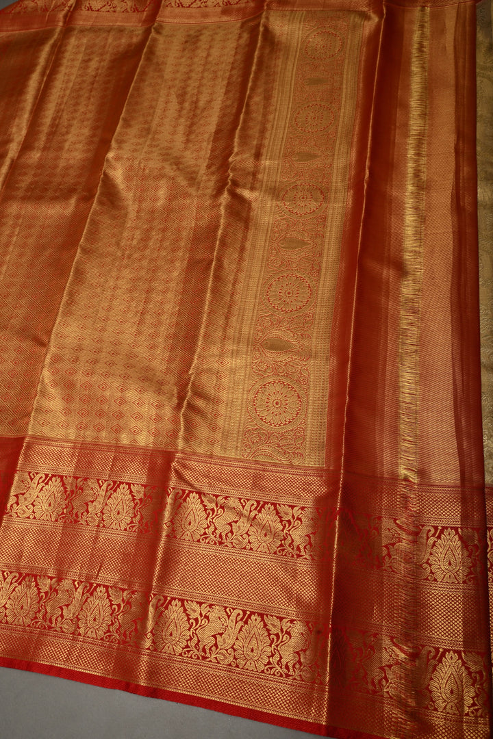 Tan Gold Kanjivaram Tissue Silk Saree with Floral Brocade Jaal and Contrast Zari Border | SILK MARK CERTIFIED | SHOBITAM