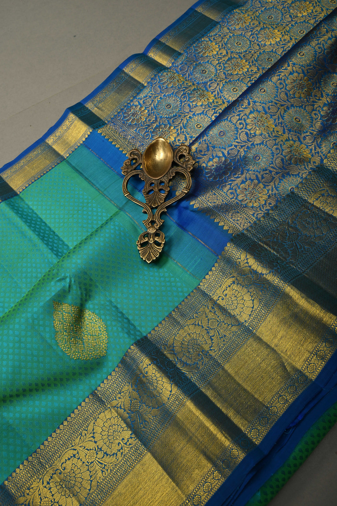 Teal Green Self Brocade on Pure Kanjivaram Silk Handloom Saree with Leaf Motifs and Zari Border | SILK MARK CERTIFIED | SHOBITAM
