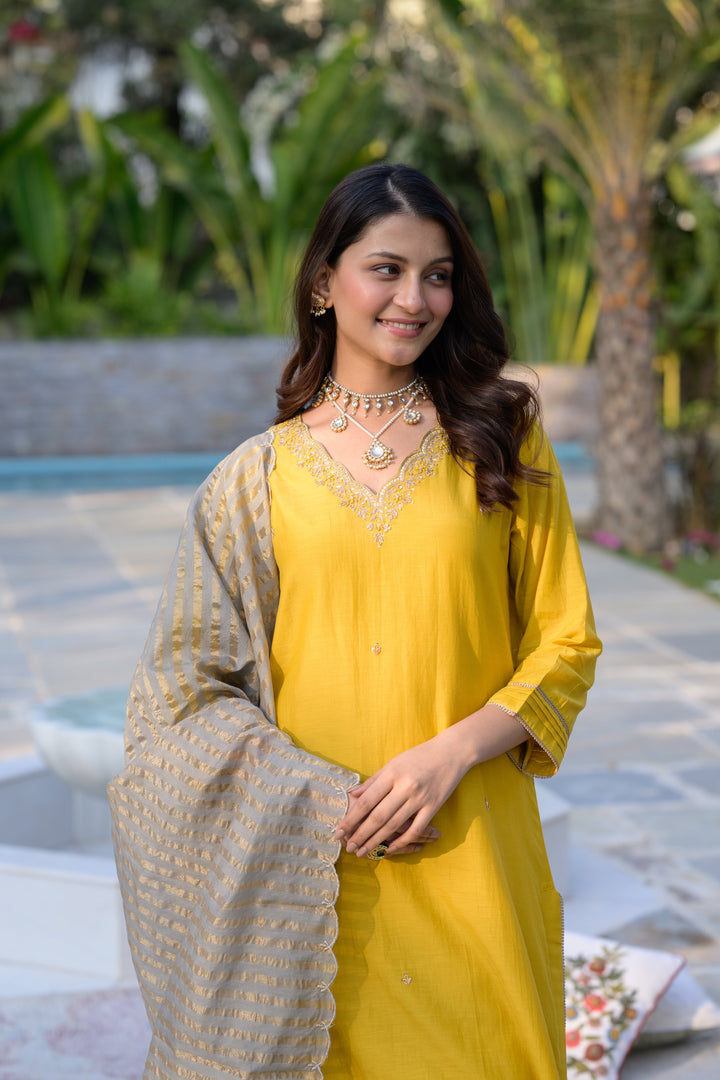 Mustard Mul Chanderi Kurta with dabka work and lurex Zari Dupatta-SET OF-3 | SHOBITAM