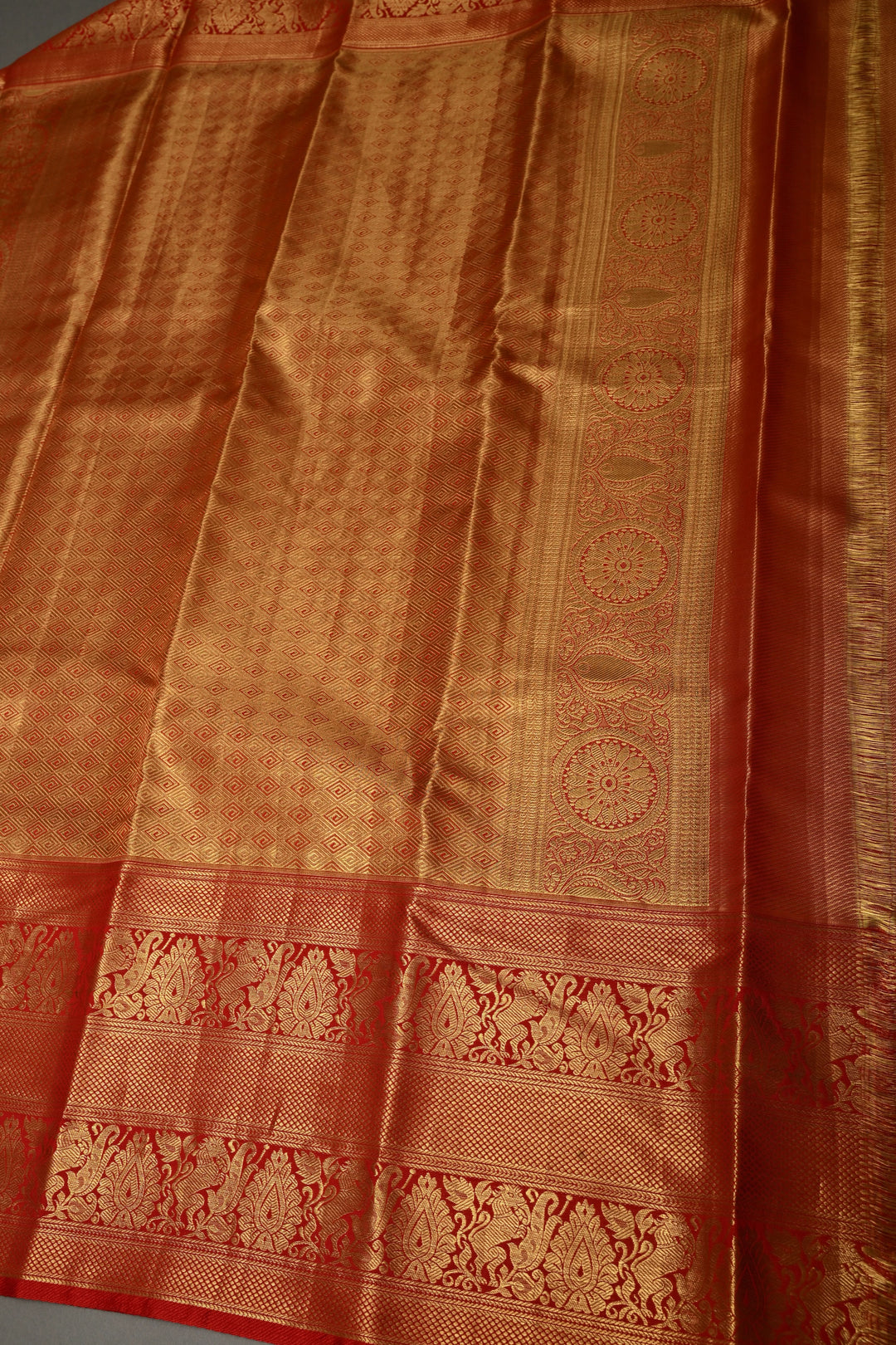 Tan Gold Kanjivaram Tissue Silk Saree with Floral Brocade Jaal and Contrast Zari Border | SILK MARK CERTIFIED | SHOBITAM