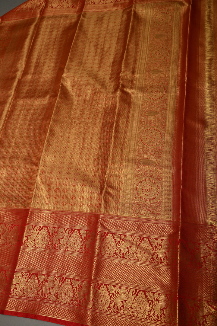 Tan Gold Kanjivaram Tissue Silk Saree with Floral Brocade Jaal and Contrast Zari Border | SILK MARK CERTIFIED | SHOBITAM