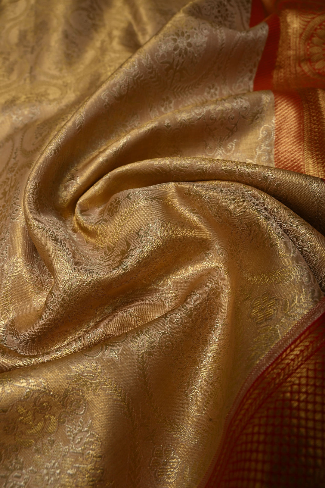 Tan Gold Kanjivaram Tissue Silk Saree with Floral Brocade Jaal and Contrast Zari Border | SILK MARK CERTIFIED | SHOBITAM