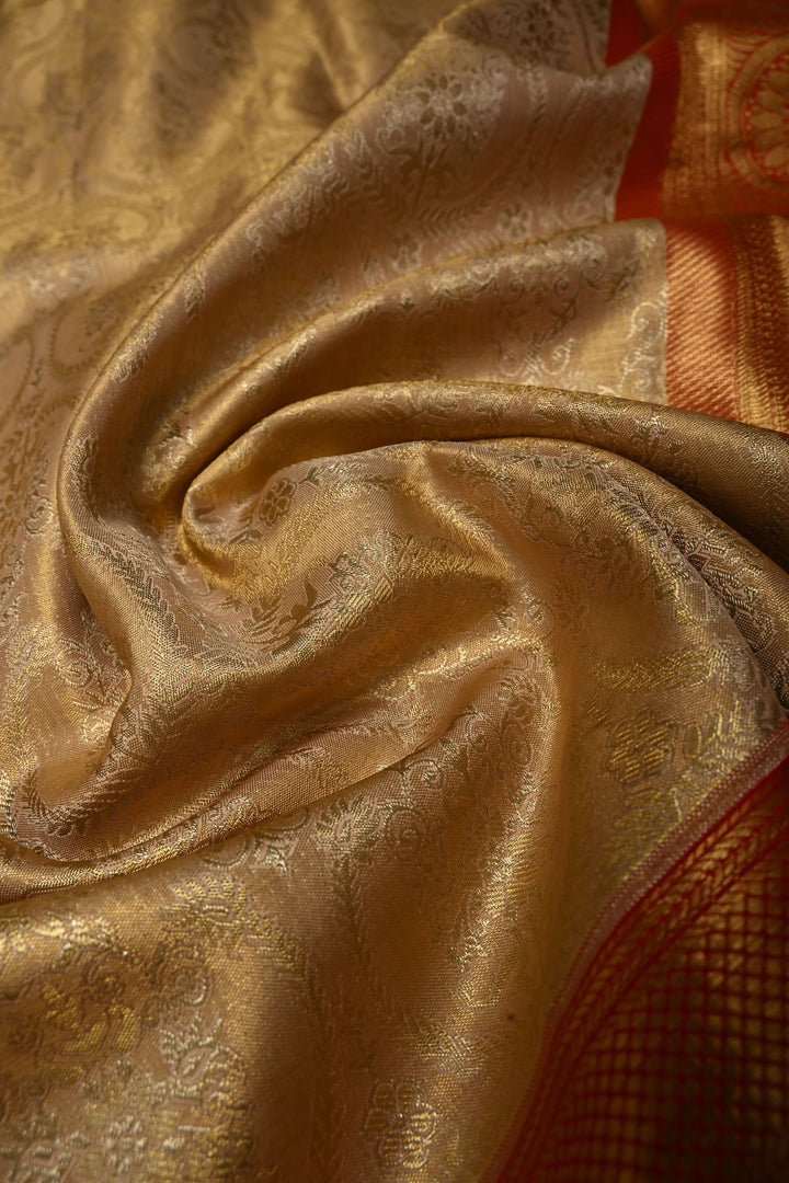 Tan Gold Kanjivaram Tissue Silk Saree with Floral Brocade Jaal and Contrast Zari Border | SILK MARK CERTIFIED | SHOBITAM