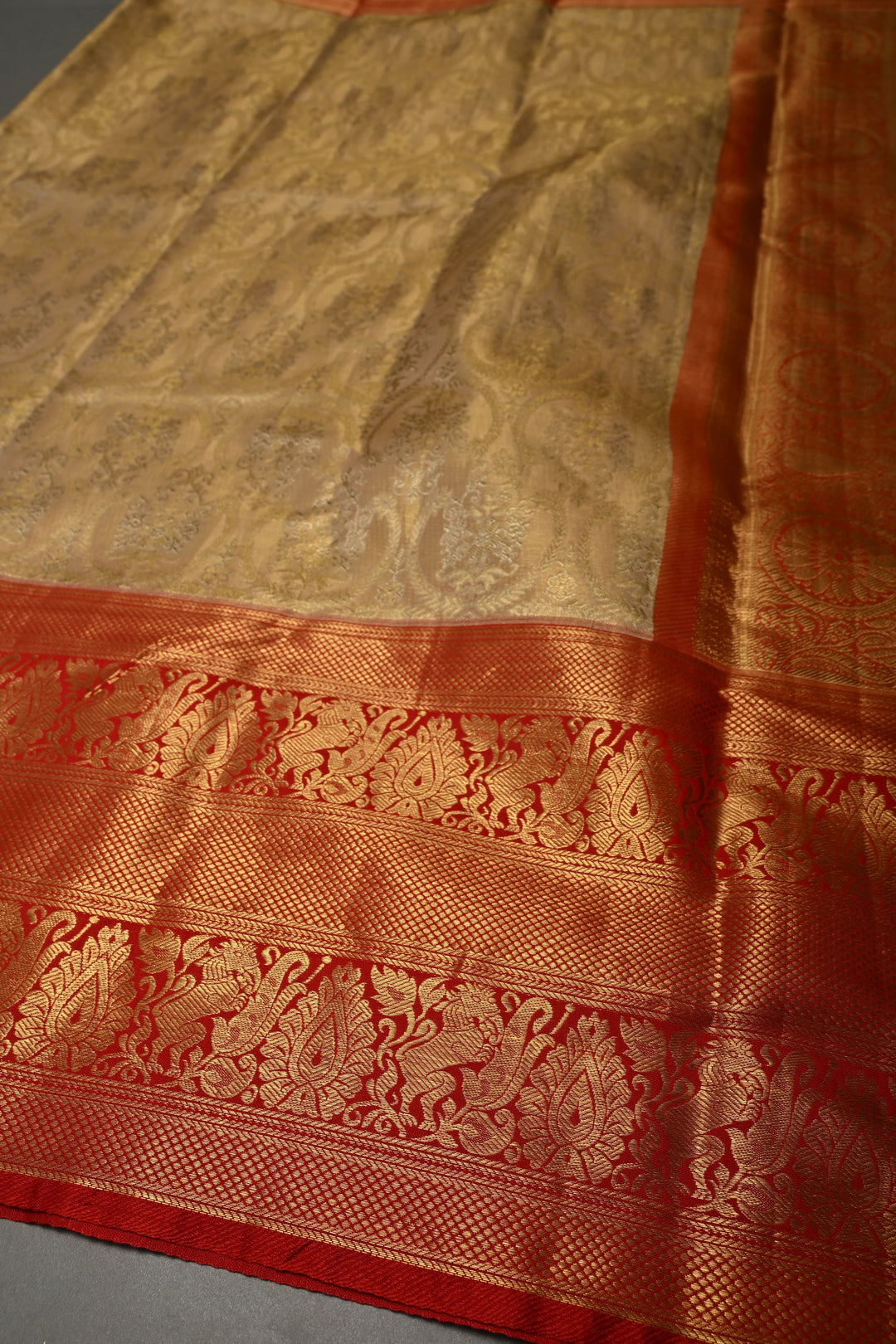 Tan Gold Kanjivaram Tissue Silk Saree with Floral Brocade Jaal and Contrast Zari Border | SILK MARK CERTIFIED | SHOBITAM