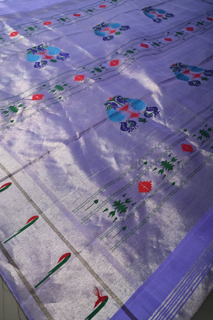 Lavender-Silver Gadwal Paithani Inspired Handloom Tissue Stripes Silk Saree with Single Muniya Borders and Peacock Motifs on Pallu | SILK MARK CERTIFIED