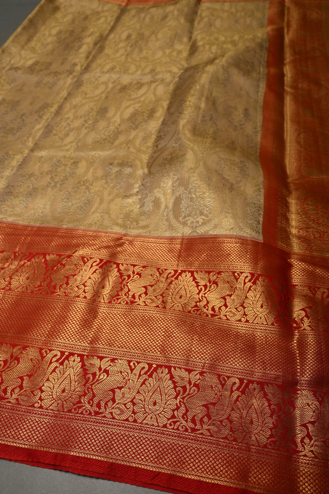 Tan Gold Kanjivaram Tissue Silk Saree with Floral Brocade Jaal and Contrast Zari Border | SILK MARK CERTIFIED | SHOBITAM