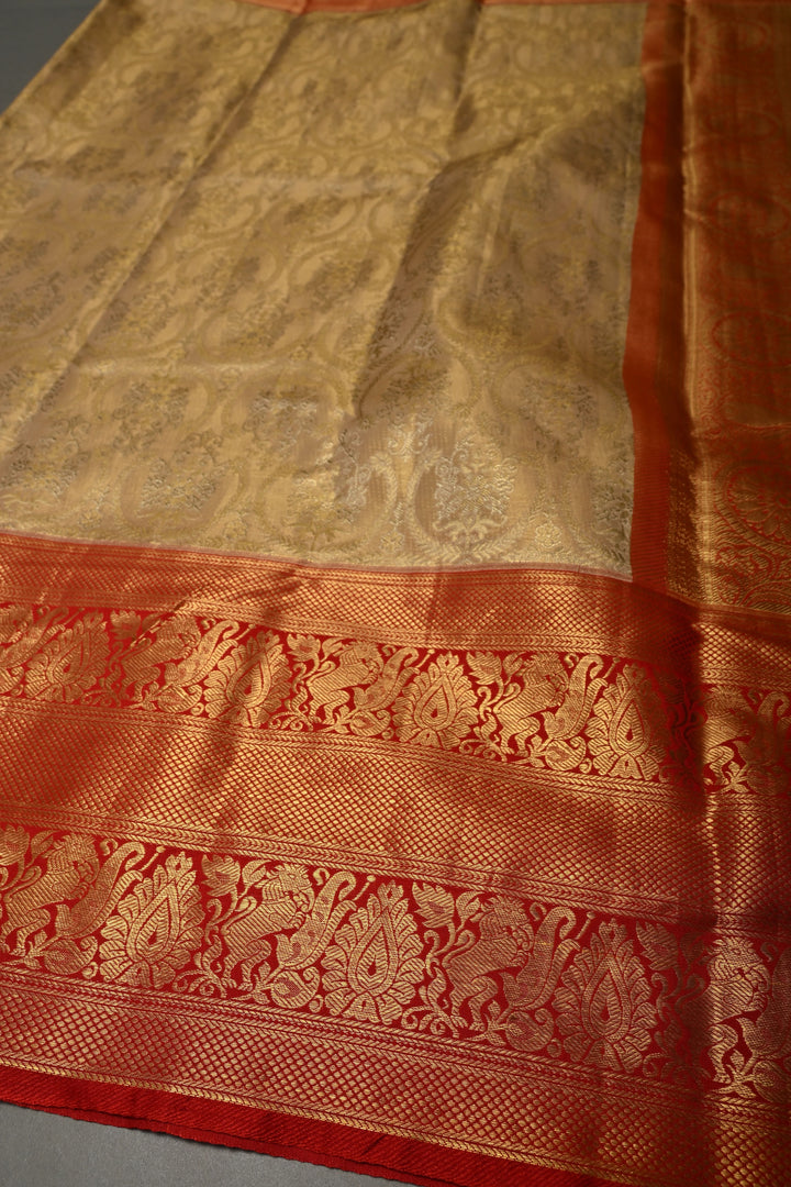 Tan Gold Kanjivaram Tissue Silk Saree with Floral Brocade Jaal and Contrast Zari Border | SILK MARK CERTIFIED | SHOBITAM