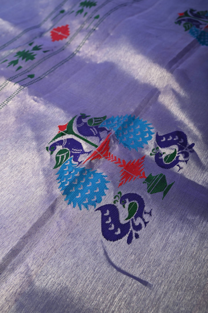 Lavender-Silver Gadwal Paithani Inspired Handloom Tissue Stripes Silk Saree with Single Muniya Borders and Peacock Motifs on Pallu | SILK MARK CERTIFIED