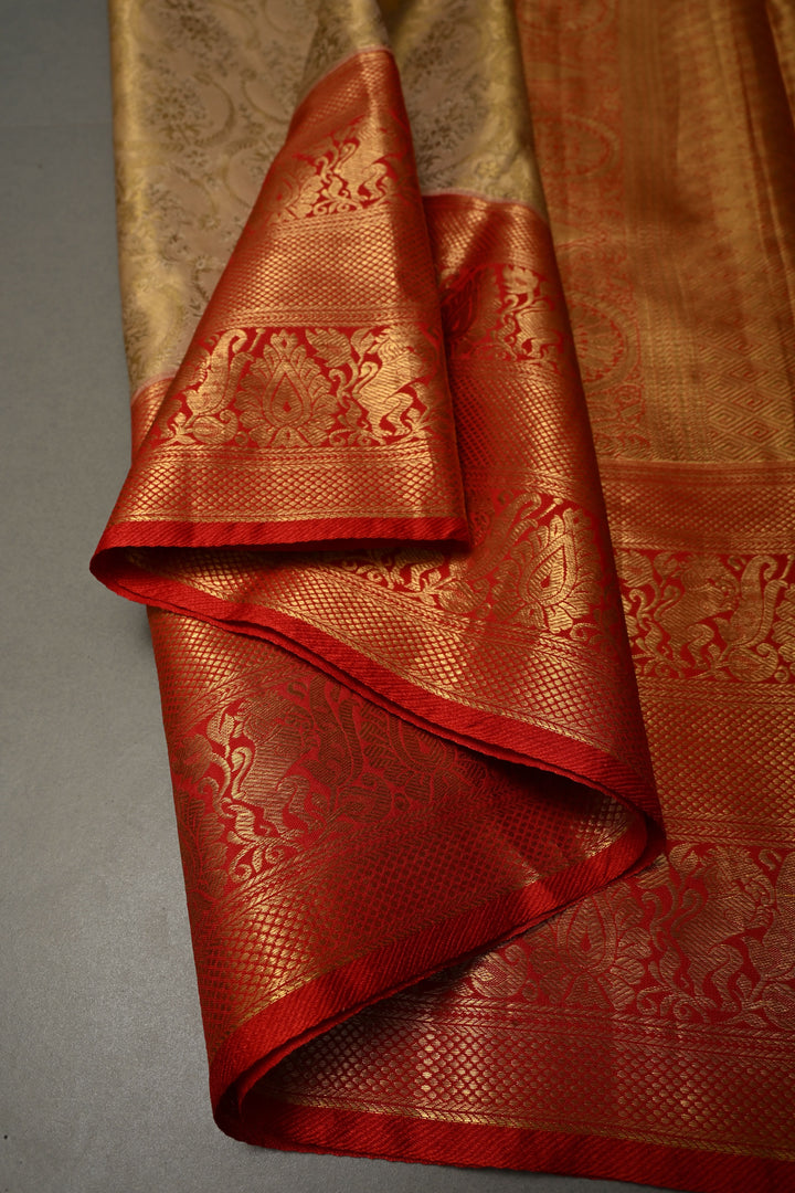 Tan Gold Kanjivaram Tissue Silk Saree with Floral Brocade Jaal and Contrast Zari Border | SILK MARK CERTIFIED | SHOBITAM