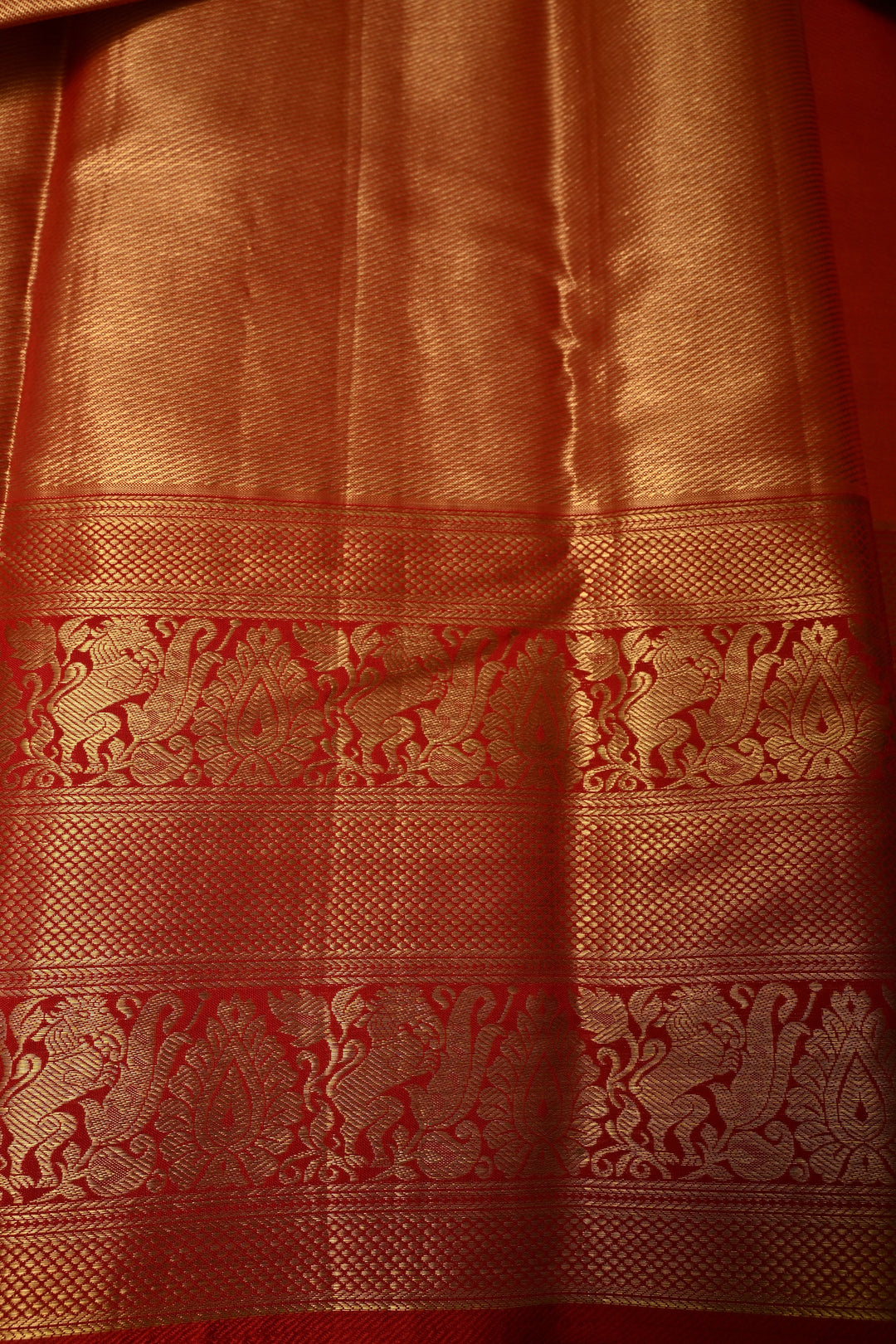Tan Gold Kanjivaram Tissue Silk Saree with Floral Brocade Jaal and Contrast Zari Border | SILK MARK CERTIFIED | SHOBITAM