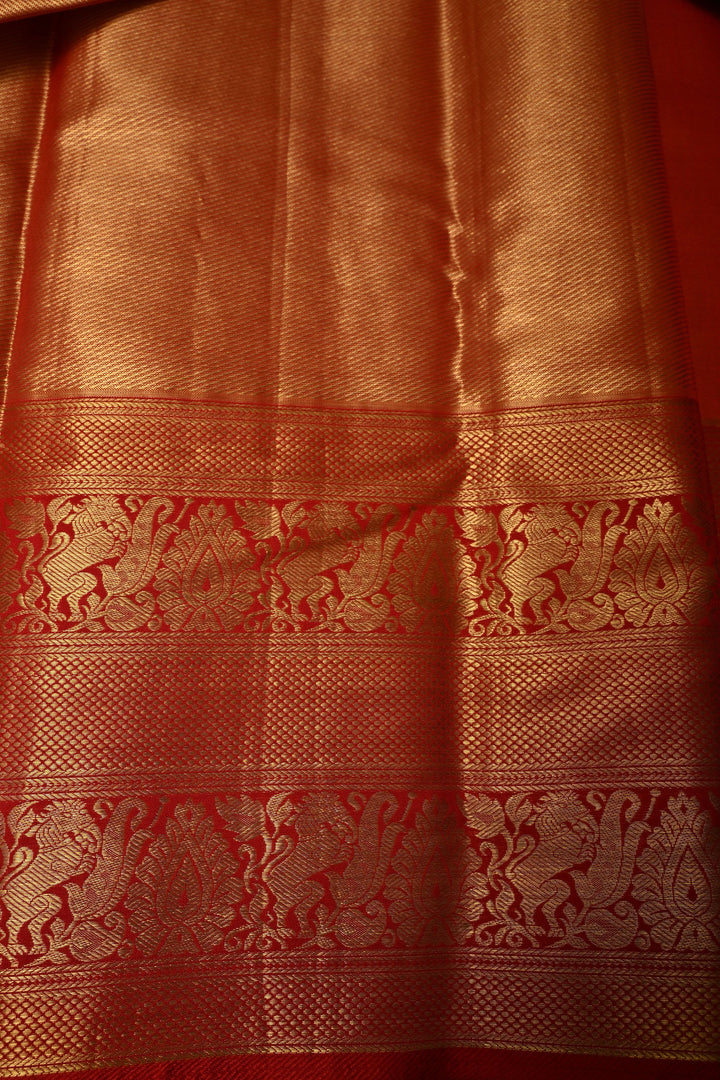 Tan Gold Kanjivaram Tissue Silk Saree with Floral Brocade Jaal and Contrast Zari Border | SILK MARK CERTIFIED | SHOBITAM