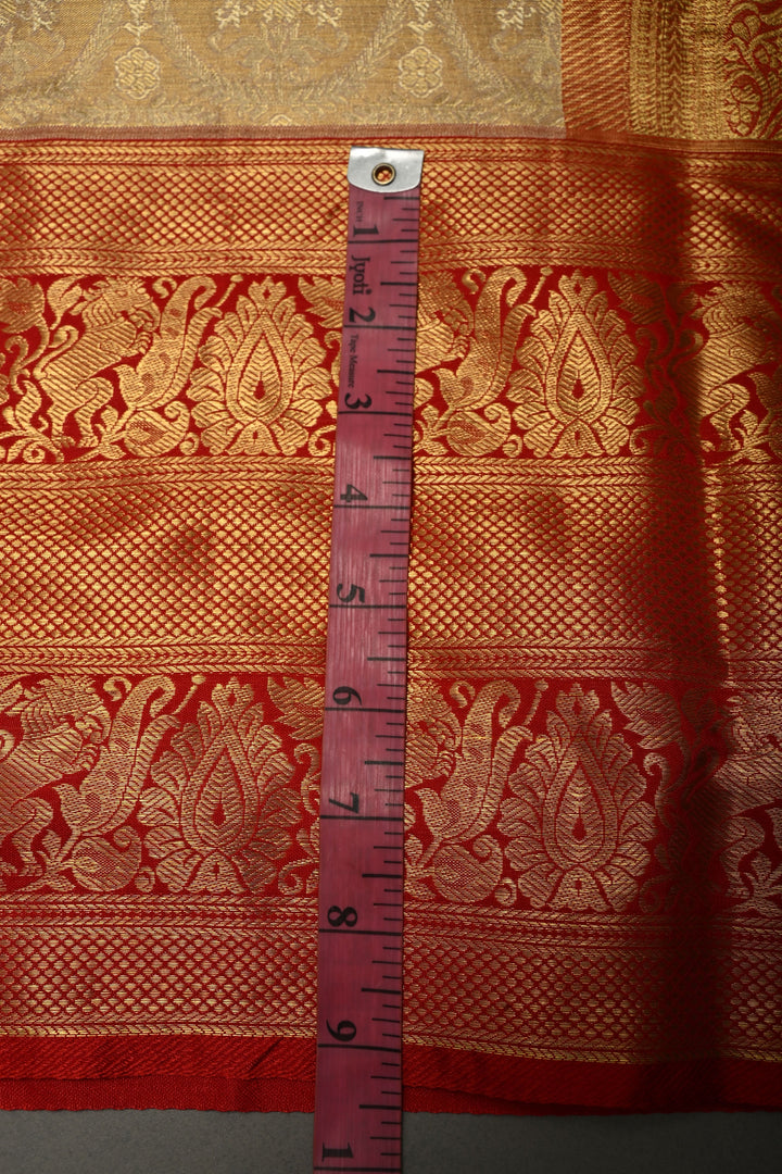 Tan Gold Kanjivaram Tissue Silk Saree with Floral Brocade Jaal and Contrast Zari Border | SILK MARK CERTIFIED | SHOBITAM
