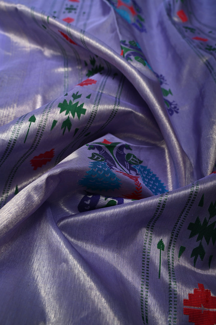 Lavender-Silver Gadwal Paithani Inspired Handloom Tissue Stripes Silk Saree with Single Muniya Borders and Peacock Motifs on Pallu | SILK MARK CERTIFIED