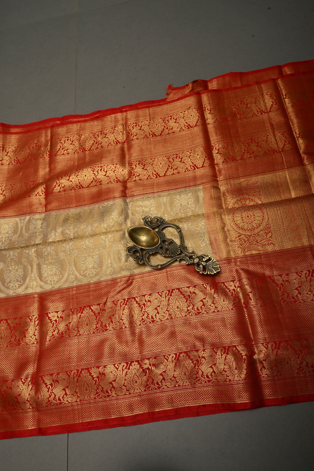 Tan Gold Kanjivaram Tissue Silk Saree with Floral Brocade Jaal and Contrast Zari Border | SILK MARK CERTIFIED | SHOBITAM