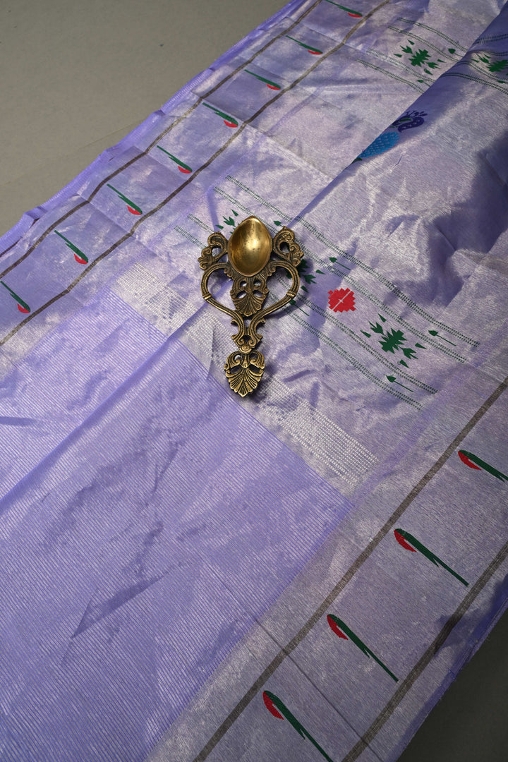 Lavender-Silver Gadwal Paithani Inspired Handloom Tissue Stripes Silk Saree with Single Muniya Borders and Peacock Motifs on Pallu | SILK MARK CERTIFIED