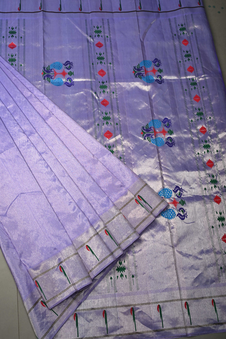 Lavender-Silver Gadwal Paithani Inspired Handloom Tissue Stripes Silk Saree with Single Muniya Borders and Peacock Motifs on Pallu | SILK MARK CERTIFIED